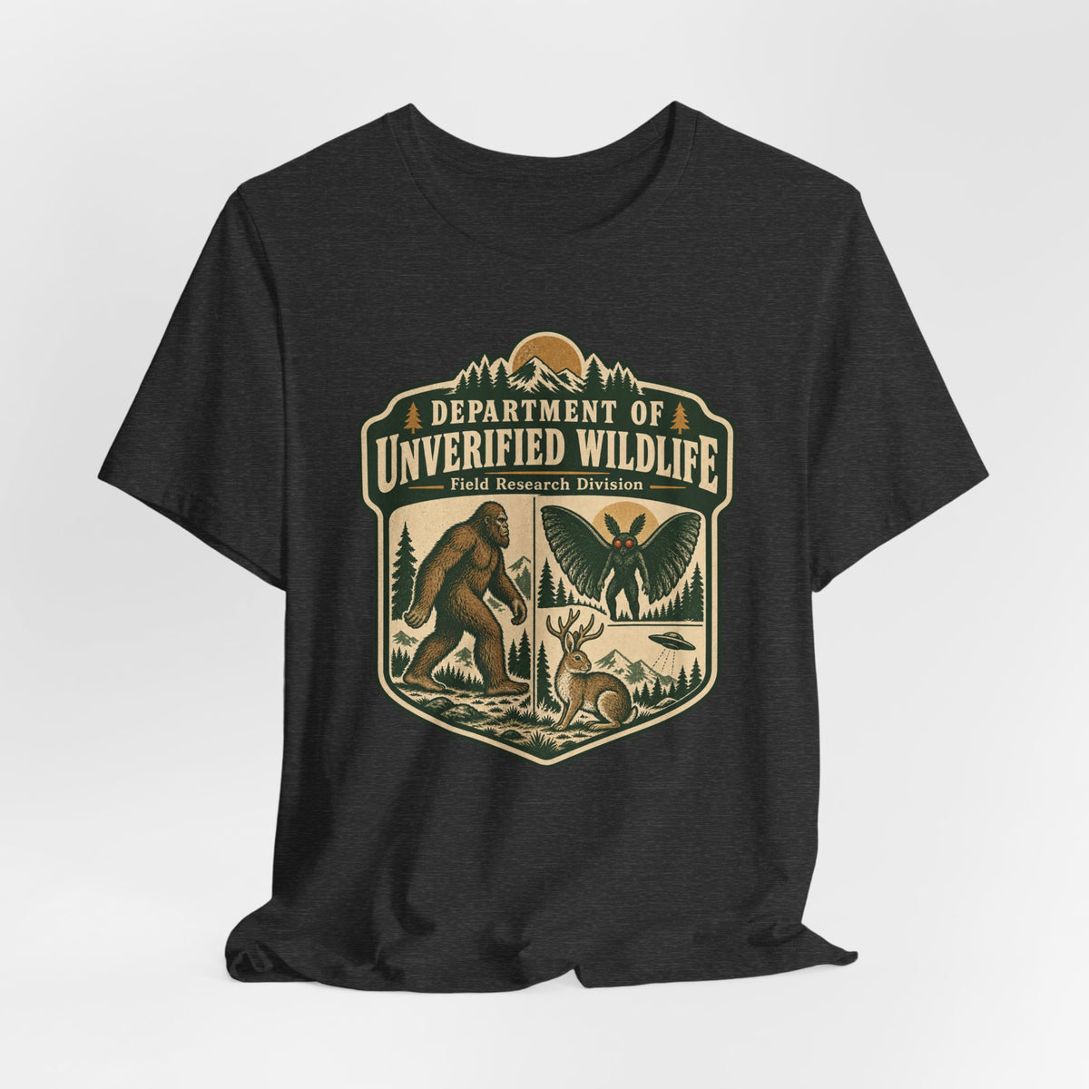 Department of Unverified Wildlife Tee flat lay Dark Grey Heather - unisex crew neck cryptid department graphic tee, Barely Outdoorsy
