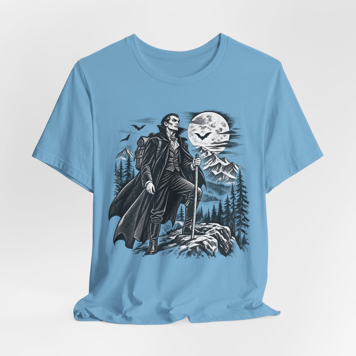 Vampire Night Hiker Tee in Autumn - funny vampire hiker Halloween engraving shirt, Barely Outdoorsy Bella Canvas 3001