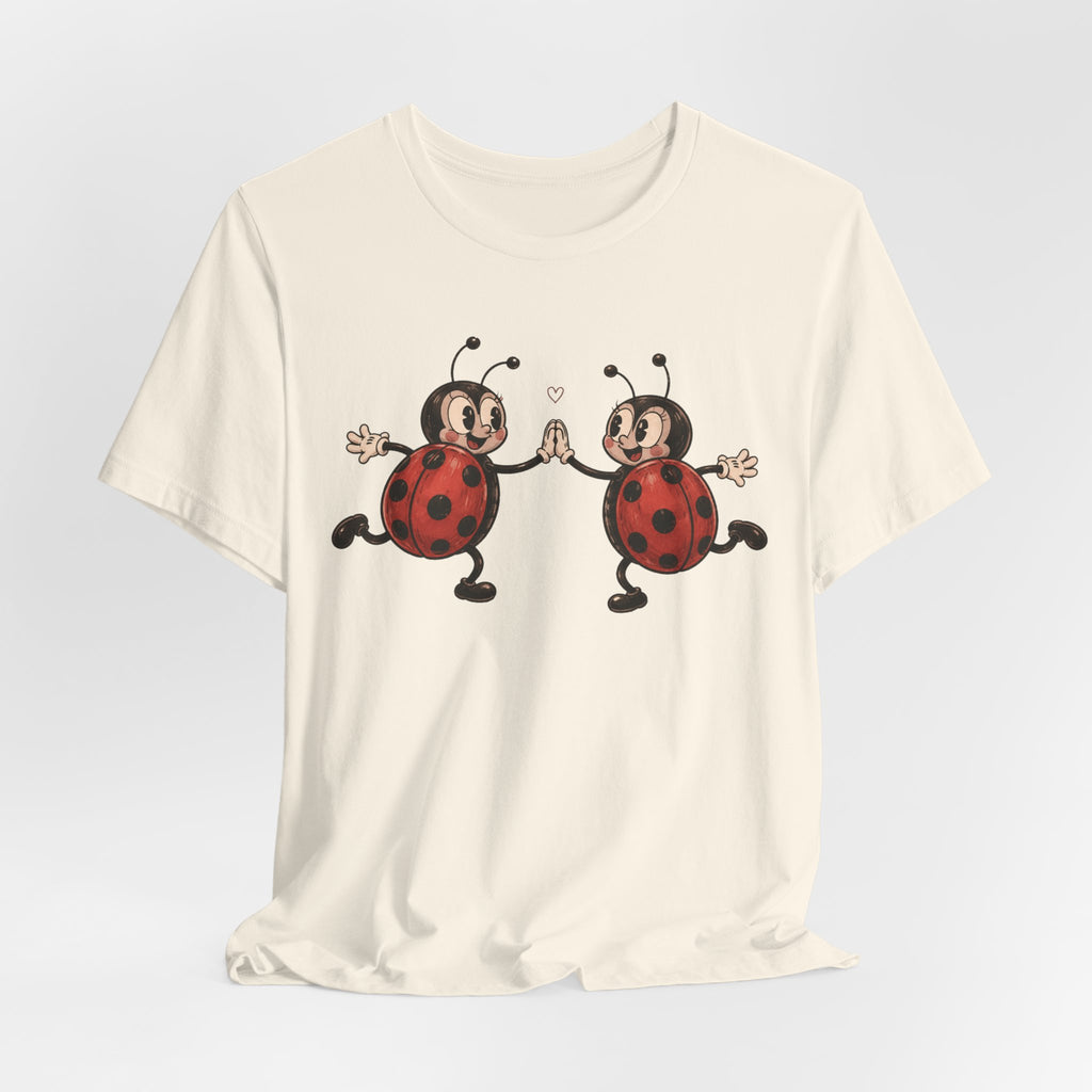 Dancing Ladybugs Tee in Mauve - vintage cartoon ladybug garden humor shirt, Barely Outdoorsy Bella Canvas 3001