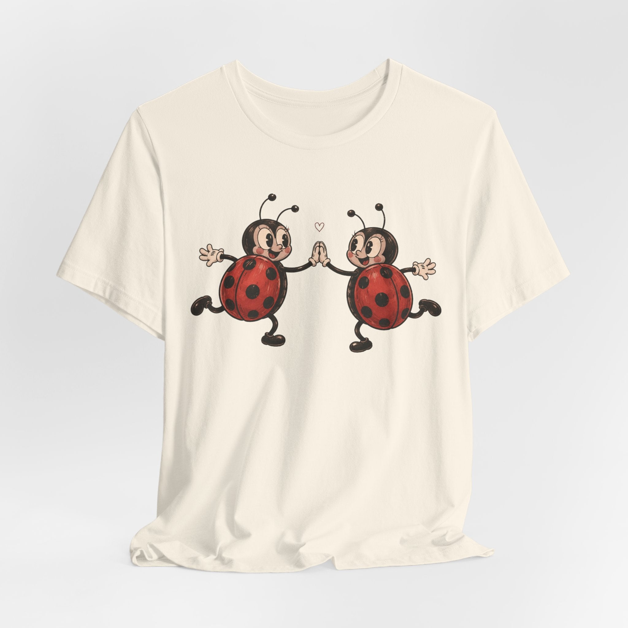Dancing Ladybugs Tee in Mauve - vintage cartoon ladybug garden humor shirt, Barely Outdoorsy Bella Canvas 3001