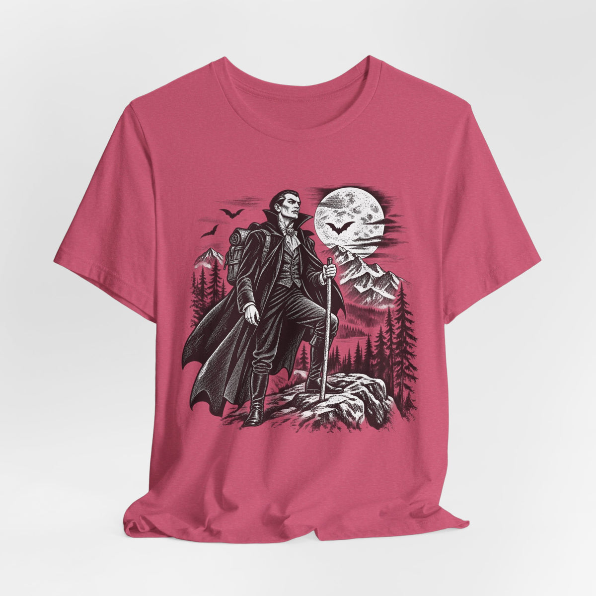 Vampire Night Hiker T-Shirt in Heather Purple - funny Halloween vampire hiking graphic tee, Barely Outdoorsy