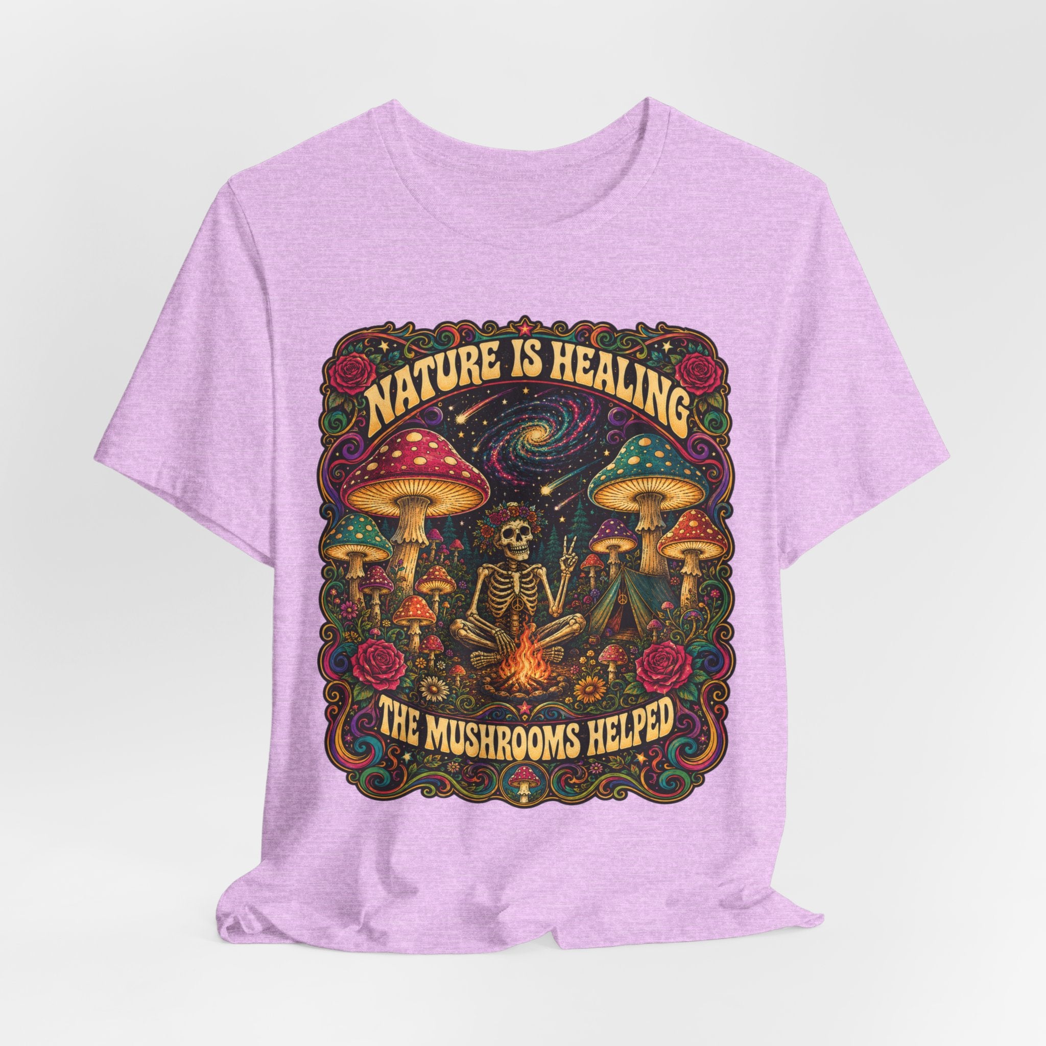 Nature Is Healing The Mushrooms Helped skeleton campfire mushroom t-shirt funny graphic tee Barely Outdoorsy Bella Canvas 3001