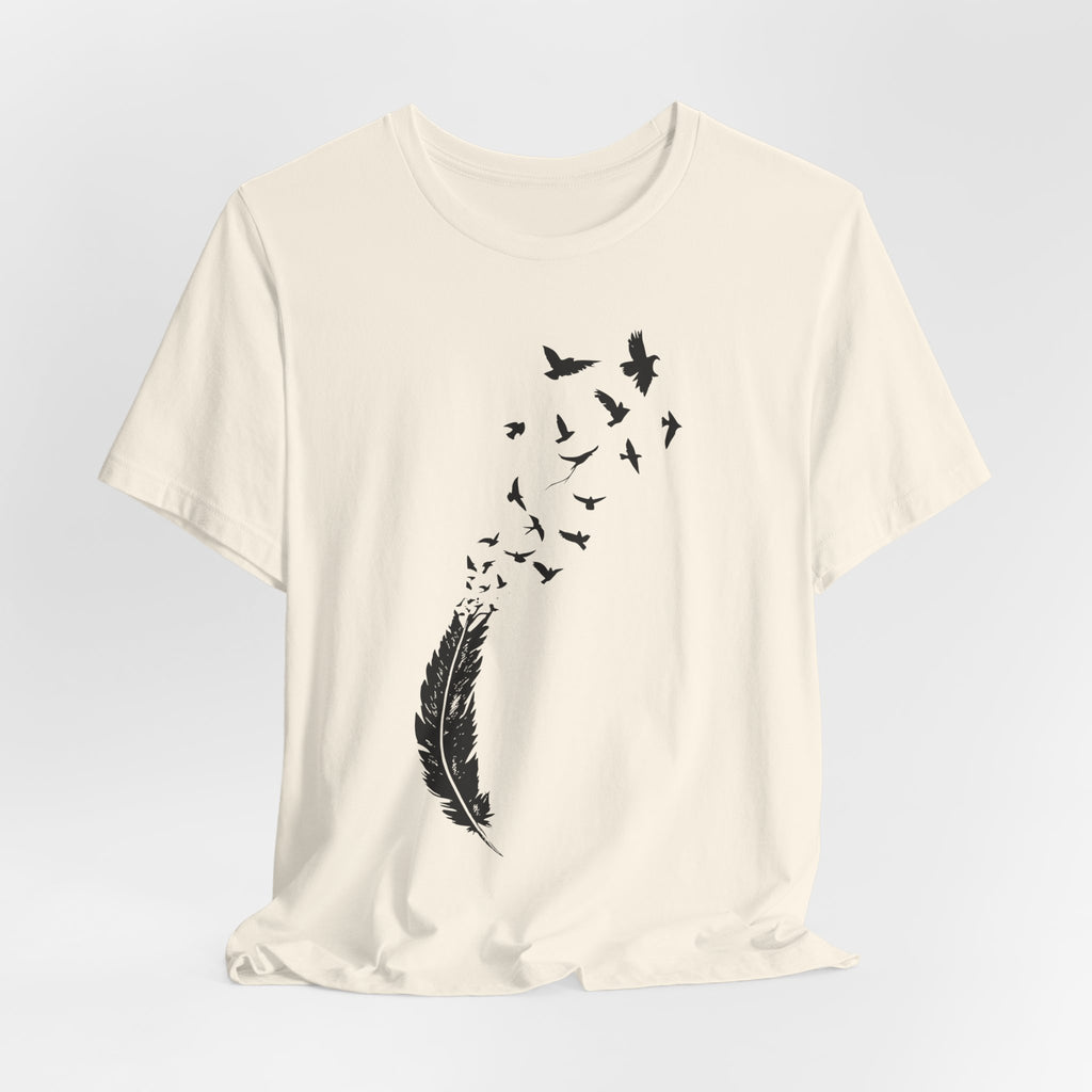 Feather Into Birds Tee flat lay White - unisex crew neck minimalist feather birds graphic tee, Barely Outdoorsy