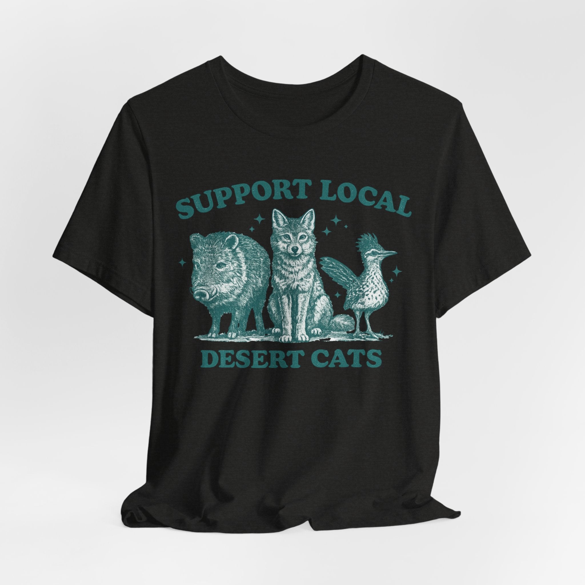 Support Local Desert Cats Tee in White detail - javelina coyote roadrunner etching close-up graphic, Barely Outdoorsy