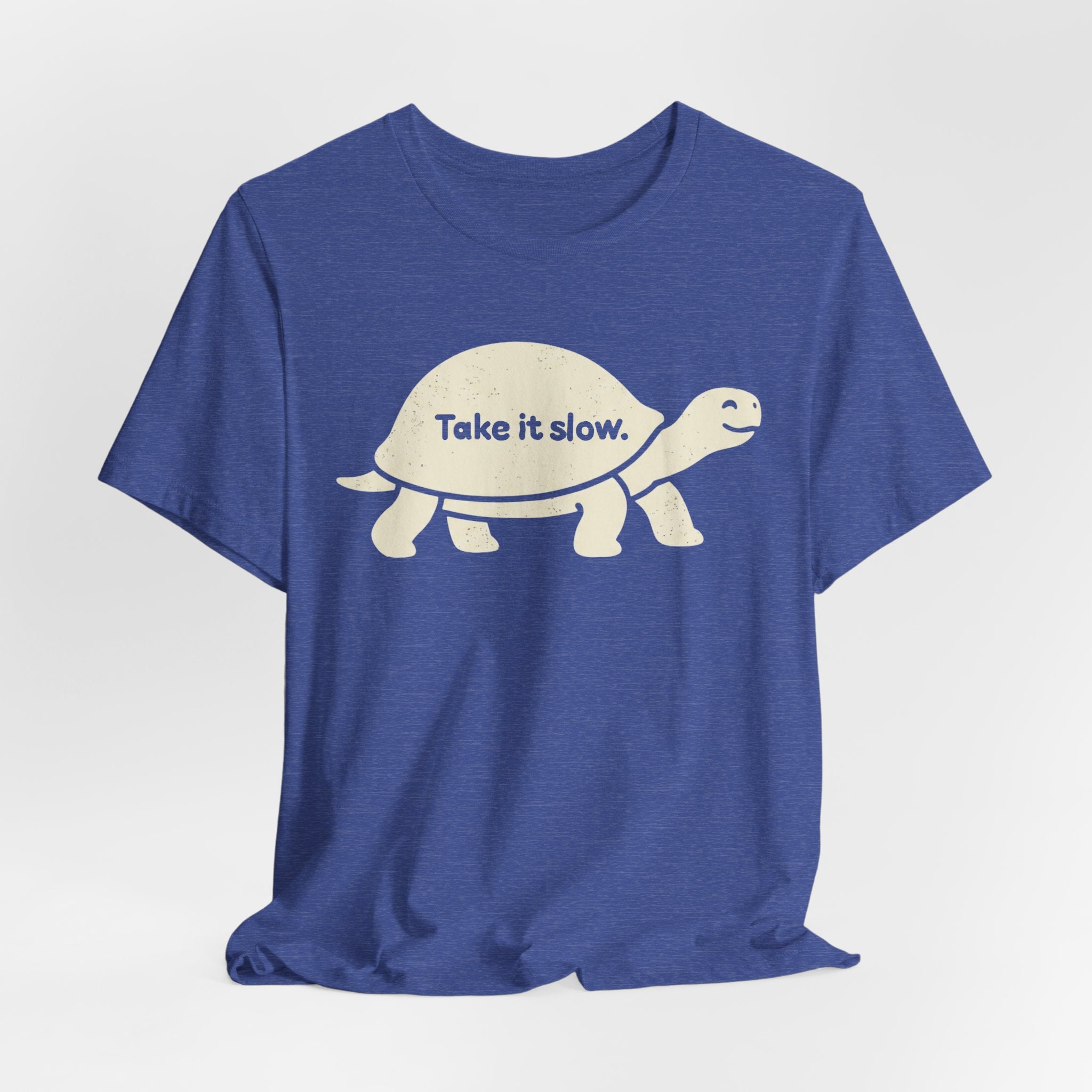 Take It Slow T-Shirt in Heather Raspberry - minimalist smiling turtle graphic tee, Bella Canvas 3001
