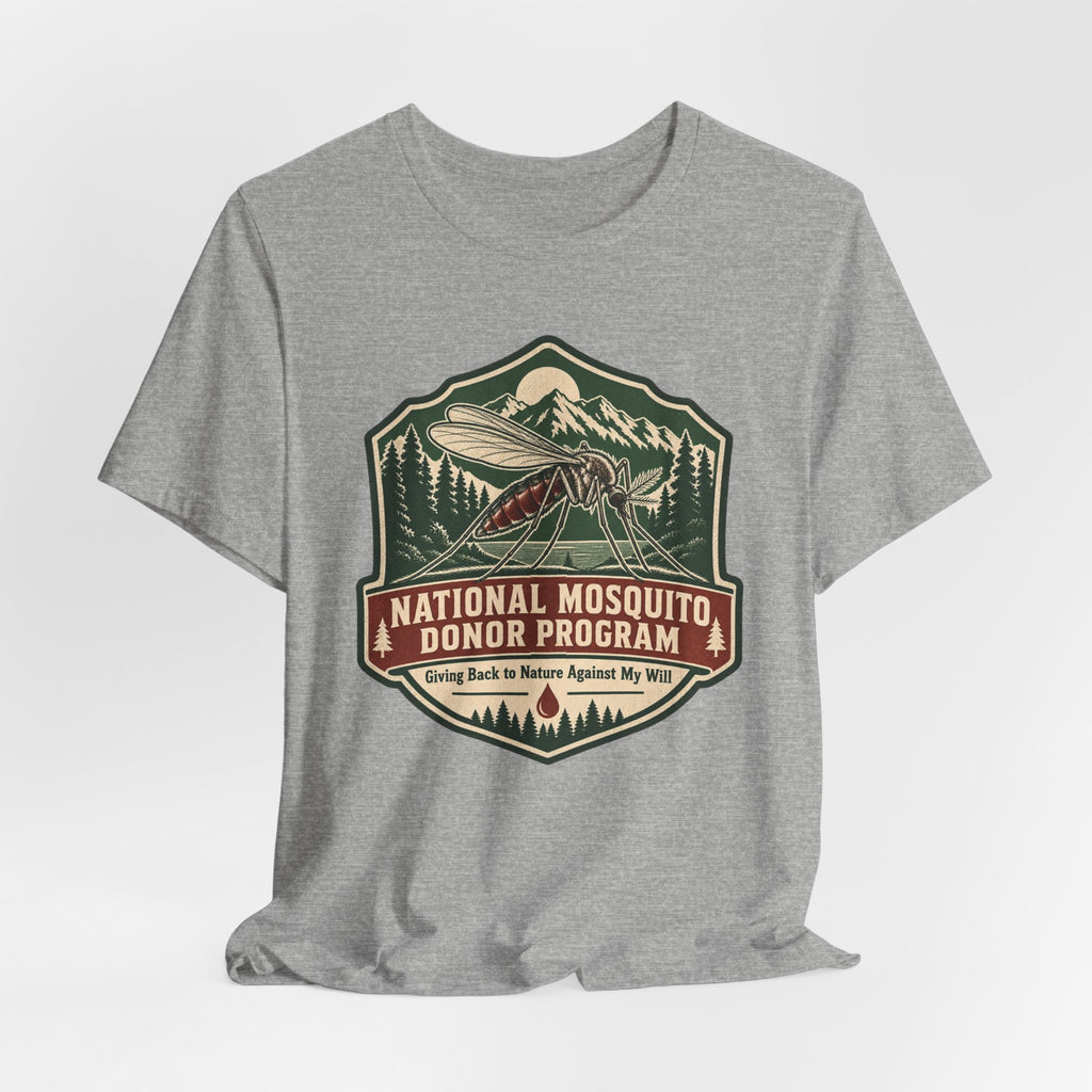 National Mosquito Donor Program T-Shirt in Athletic Heather - funny mosquito donor camping humor graphic tee, Barely Outdoorsy Bella Canvas 3001
