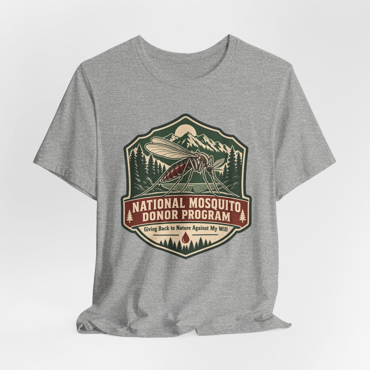 National Mosquito Donor Program T-Shirt in Athletic Heather - funny mosquito donor camping humor graphic tee, Barely Outdoorsy Bella Canvas 3001