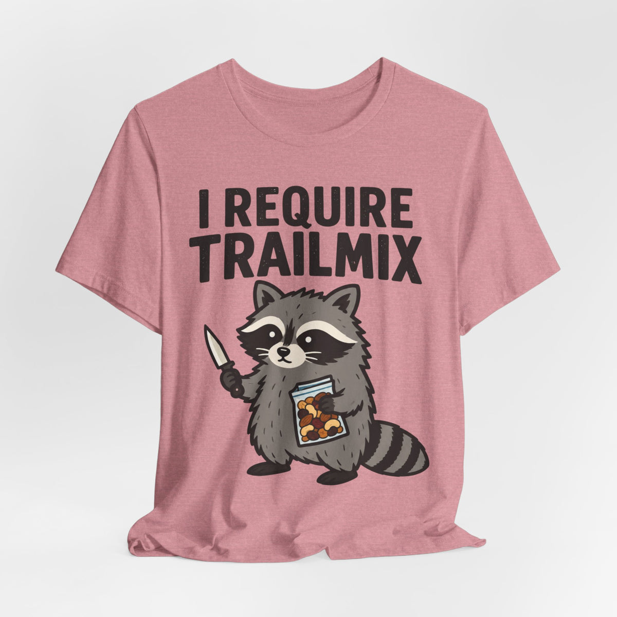I Require Trailmix Raccoon Tee in Turquoise detail - raccoon trail mix close-up graphic, Barely Outdoorsy Bella Canvas