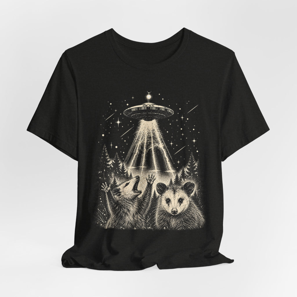 UFO Opossum Abduction T-Shirt in Navy - funny alien opossum abduction graphic tee, Barely Outdoorsy