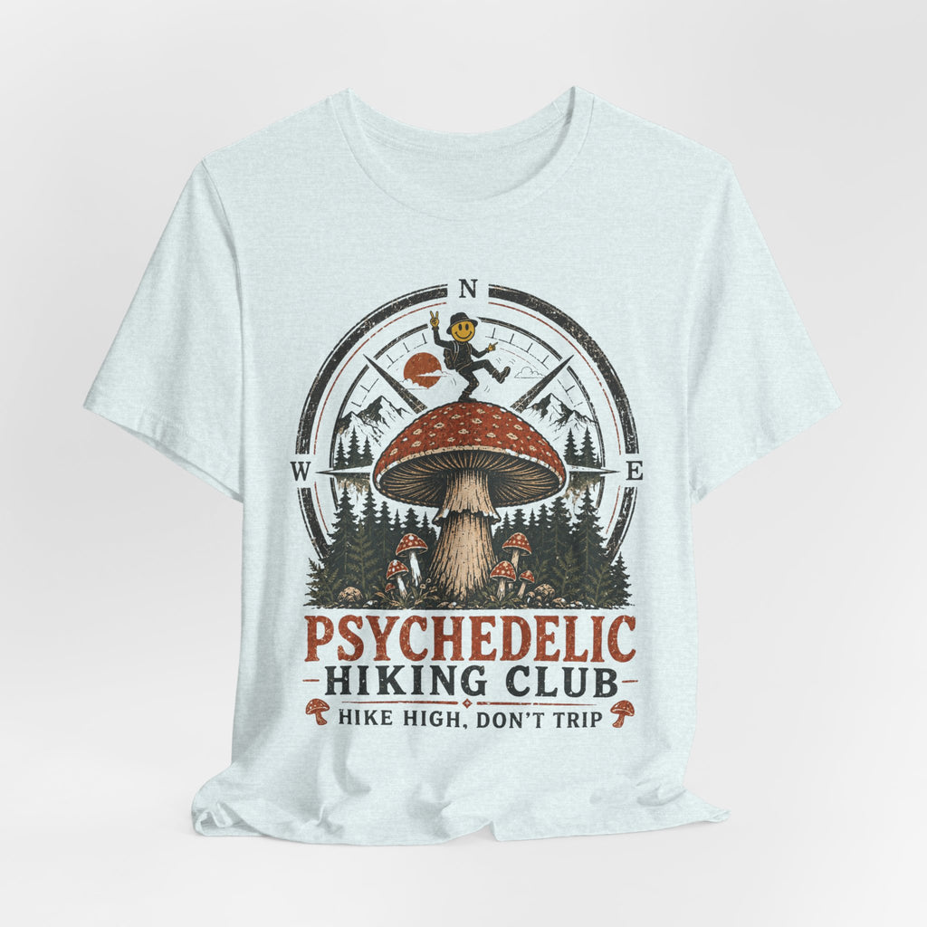 Psychedelic Hiking Club Tee in Heather Peach worn shot - dark cottagecore hiking humor shirt, Barely Outdoorsy