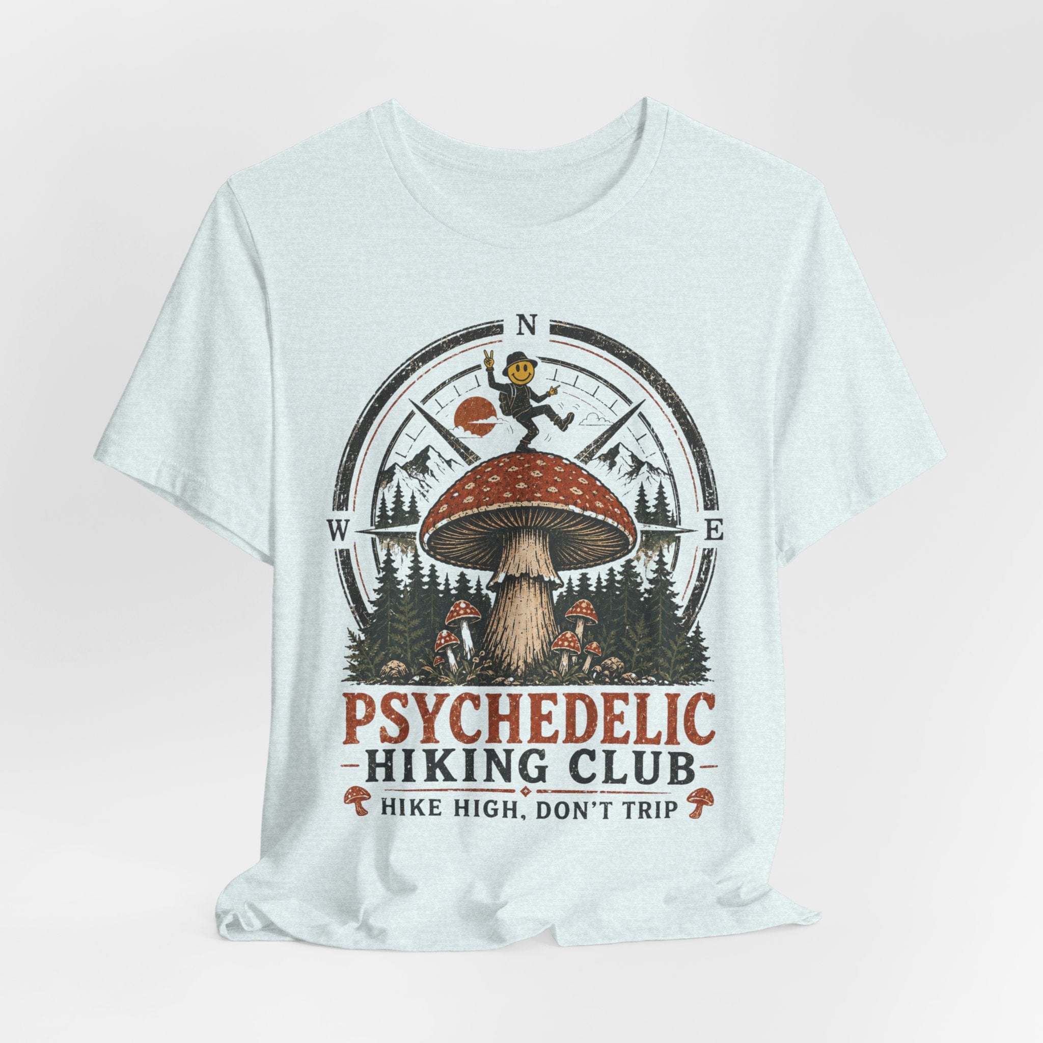 Psychedelic Hiking Club Tee in Heather Peach worn shot - dark cottagecore hiking humor shirt, Barely Outdoorsy
