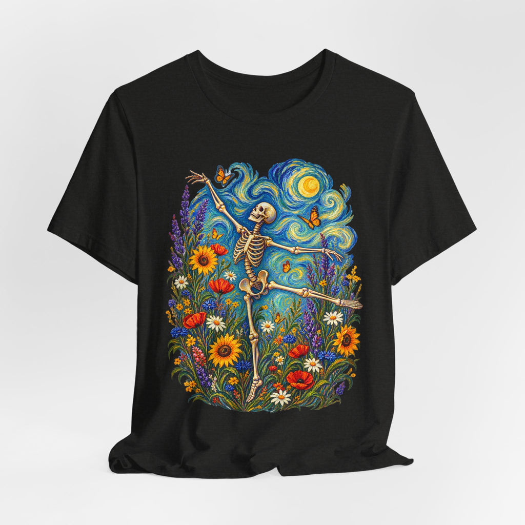 Starry Night Dancing Skeleton T-Shirt in Brown - Van Gogh boho skeleton wildflower graphic tee, Barely Outdoorsy