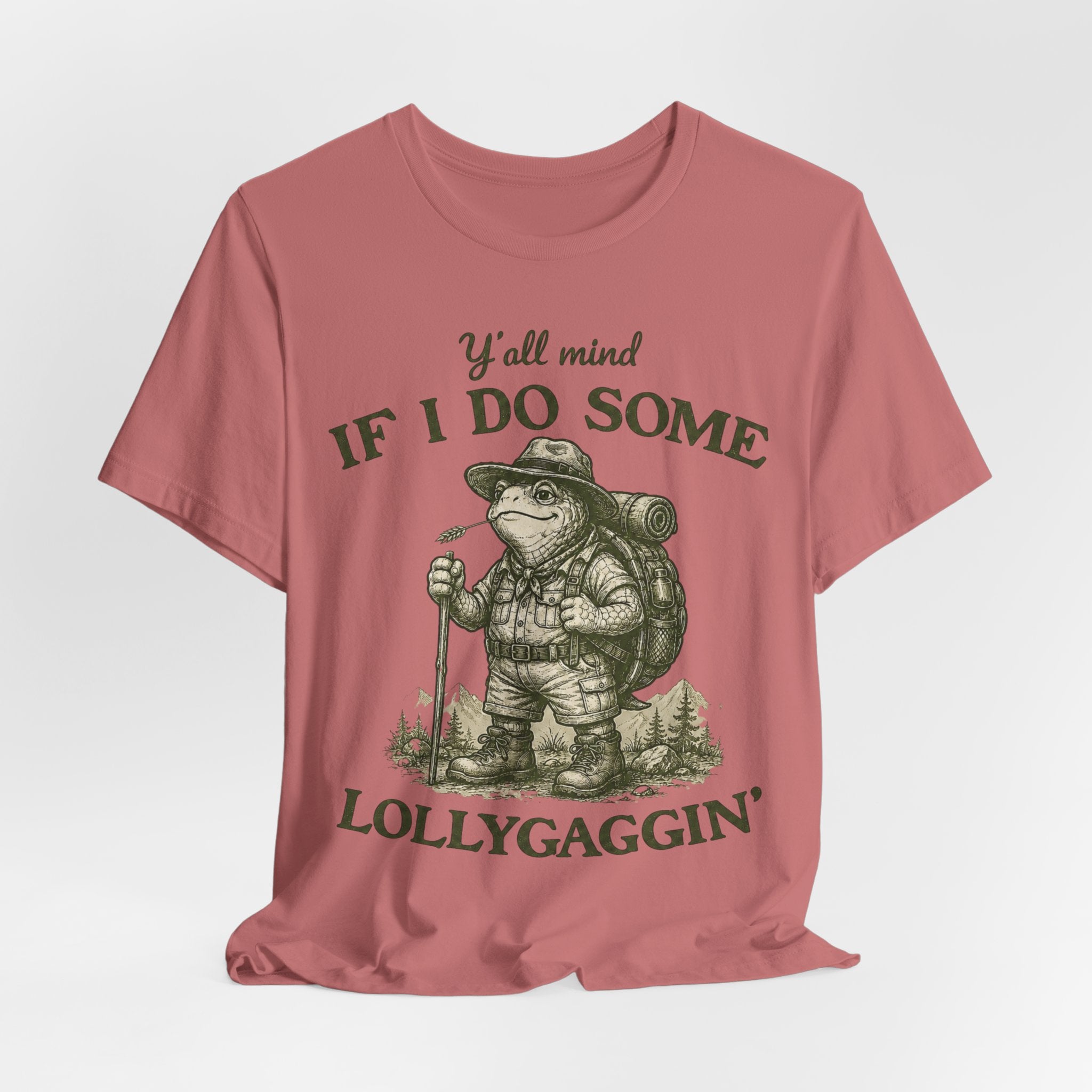 Lollygaggin' Tortoise Funny Hiking T-Shirt in White - funny slow hiker tortoise graphic tee, Barely Outdoorsy Bella Canvas