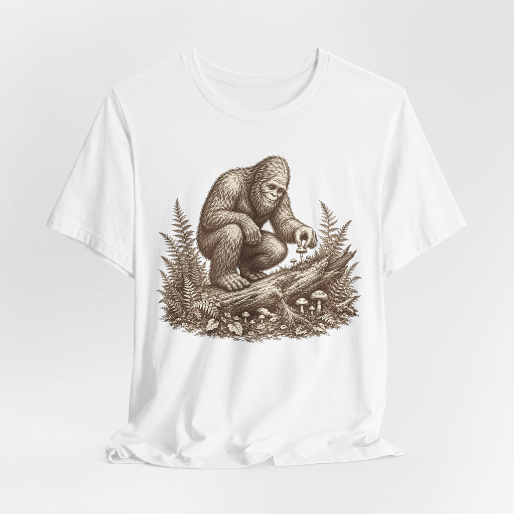Bigfoot Mushroom Forager T-Shirt in Dark Grey Heather - vintage etching Sasquatch fungi botanical graphic tee, Barely Outdoorsy Bella Canvas 3001
