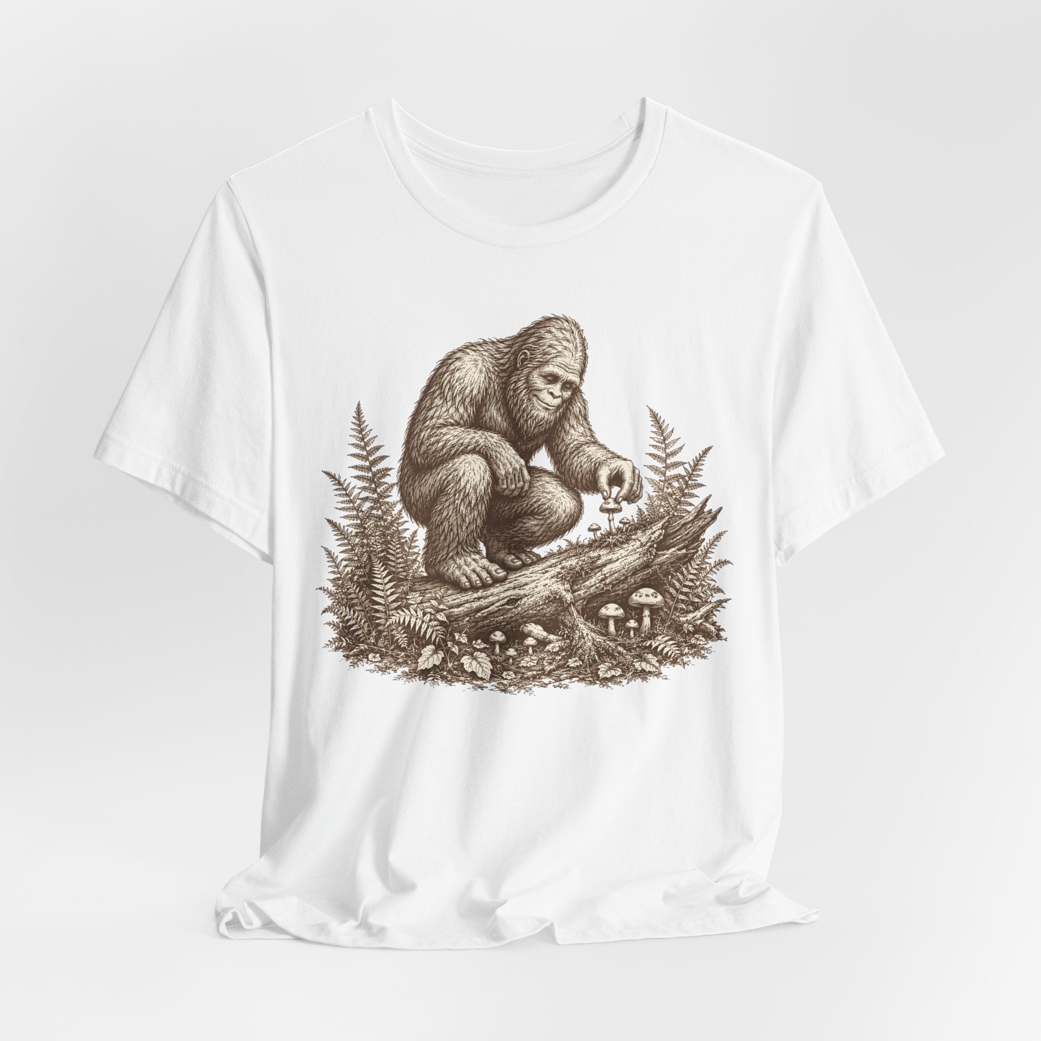 Bigfoot Mushroom Forager T-Shirt in Dark Grey Heather - vintage etching Sasquatch fungi botanical graphic tee, Barely Outdoorsy Bella Canvas 3001