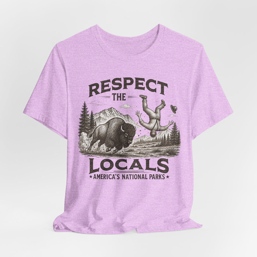 Respect The Locals Bison Tee in Heather Ice Blue - retro etching bison cowboy hat humor shirt, Barely Outdoorsy Bella Canvas 3001