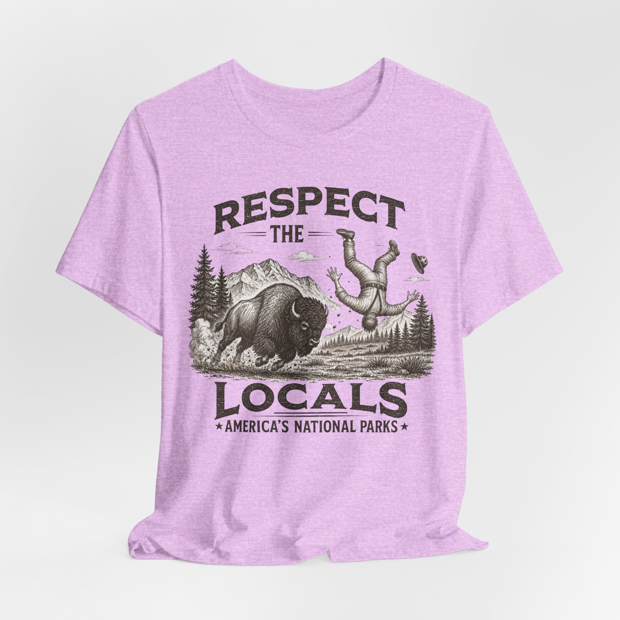 Respect The Locals Bison Tee in Heather Ice Blue - retro etching bison cowboy hat humor shirt, Barely Outdoorsy Bella Canvas 3001