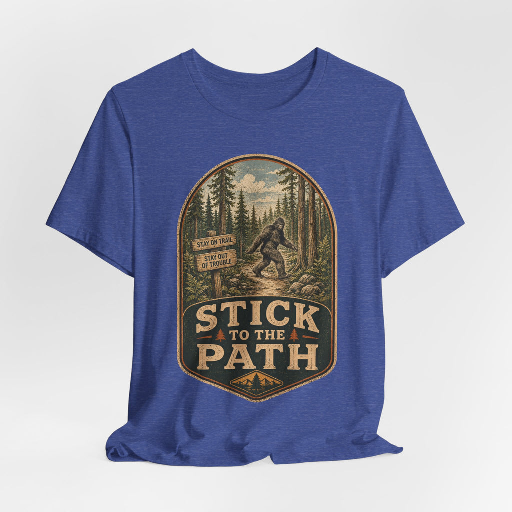 Stick To The Path Bigfoot Tee flat lay Dark Grey Heather - unisex crew neck Bigfoot trail graphic tee, Barely Outdoorsy