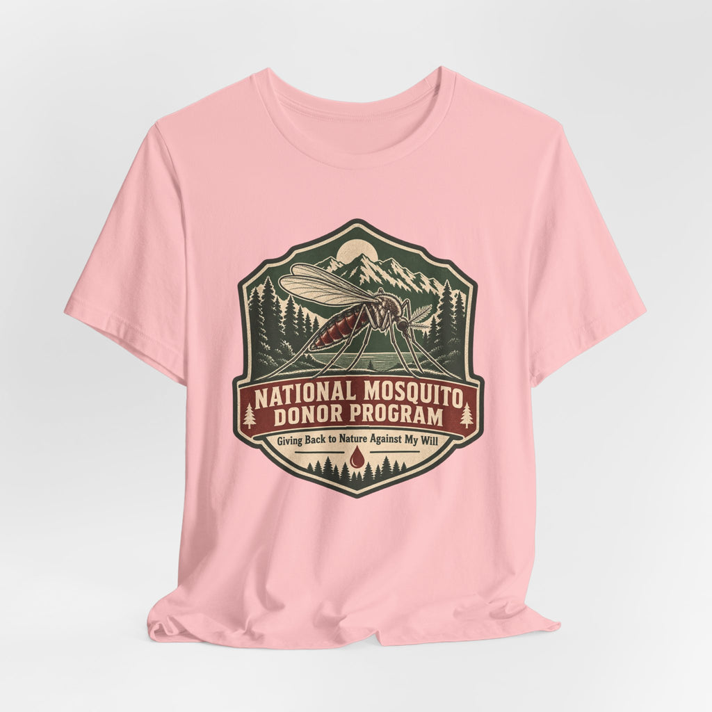 National Mosquito Donor Program Tee in Pink detail - funny mosquito donor close-up graphic, Barely Outdoorsy Bella Canvas 3001