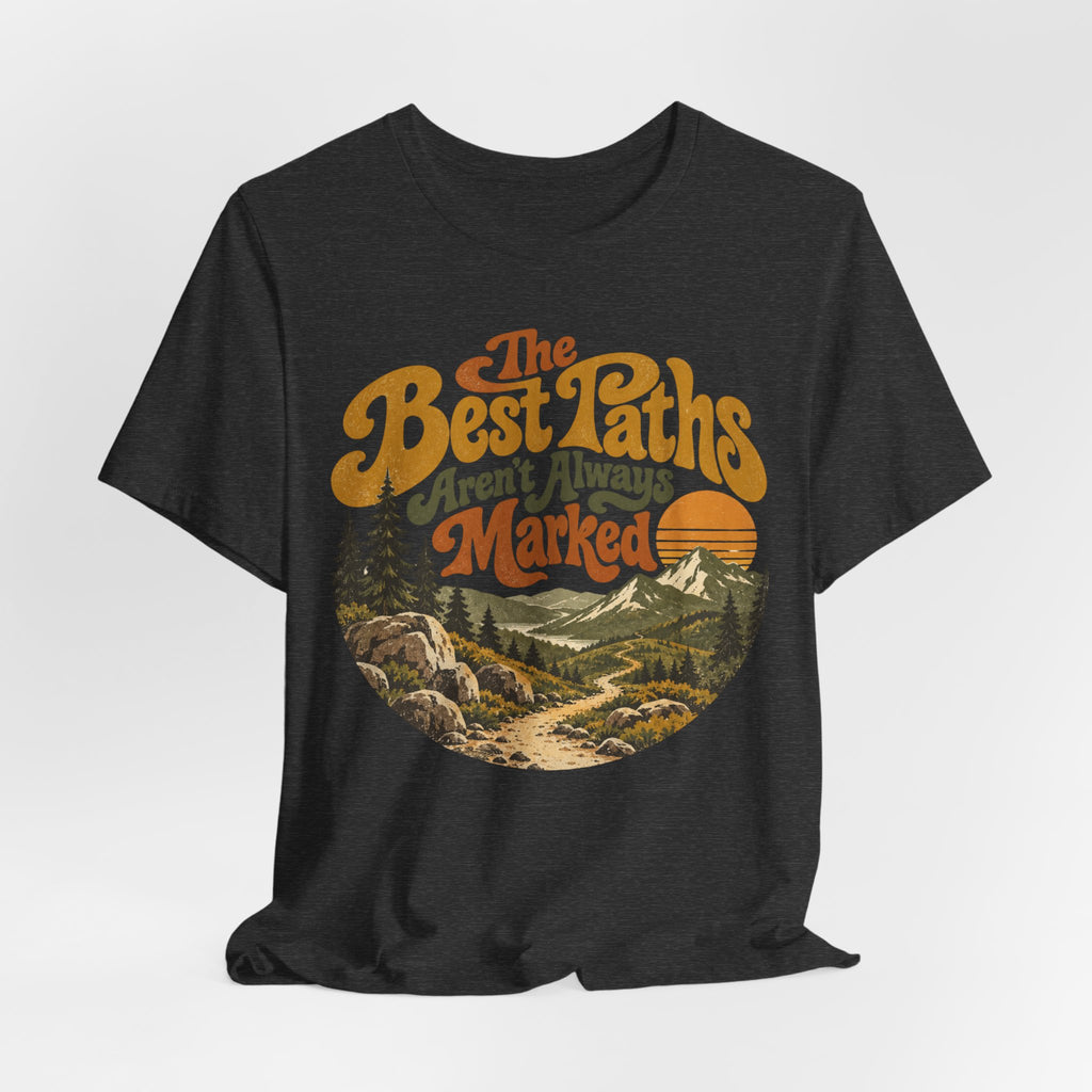 The Best Paths Aren't Always Marked Tee in Black Heather - retro hiking path shirt, Barely Outdoorsy Bella Canvas 3001