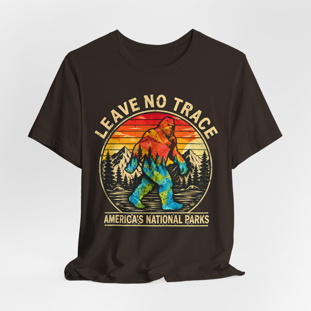 Leave No Trace Bigfoot National Parks T-Shirt in Dark Grey Heather - funny Bigfoot leave no trace hiking graphic tee, Barely Outdoorsy Bella Canvas 3001