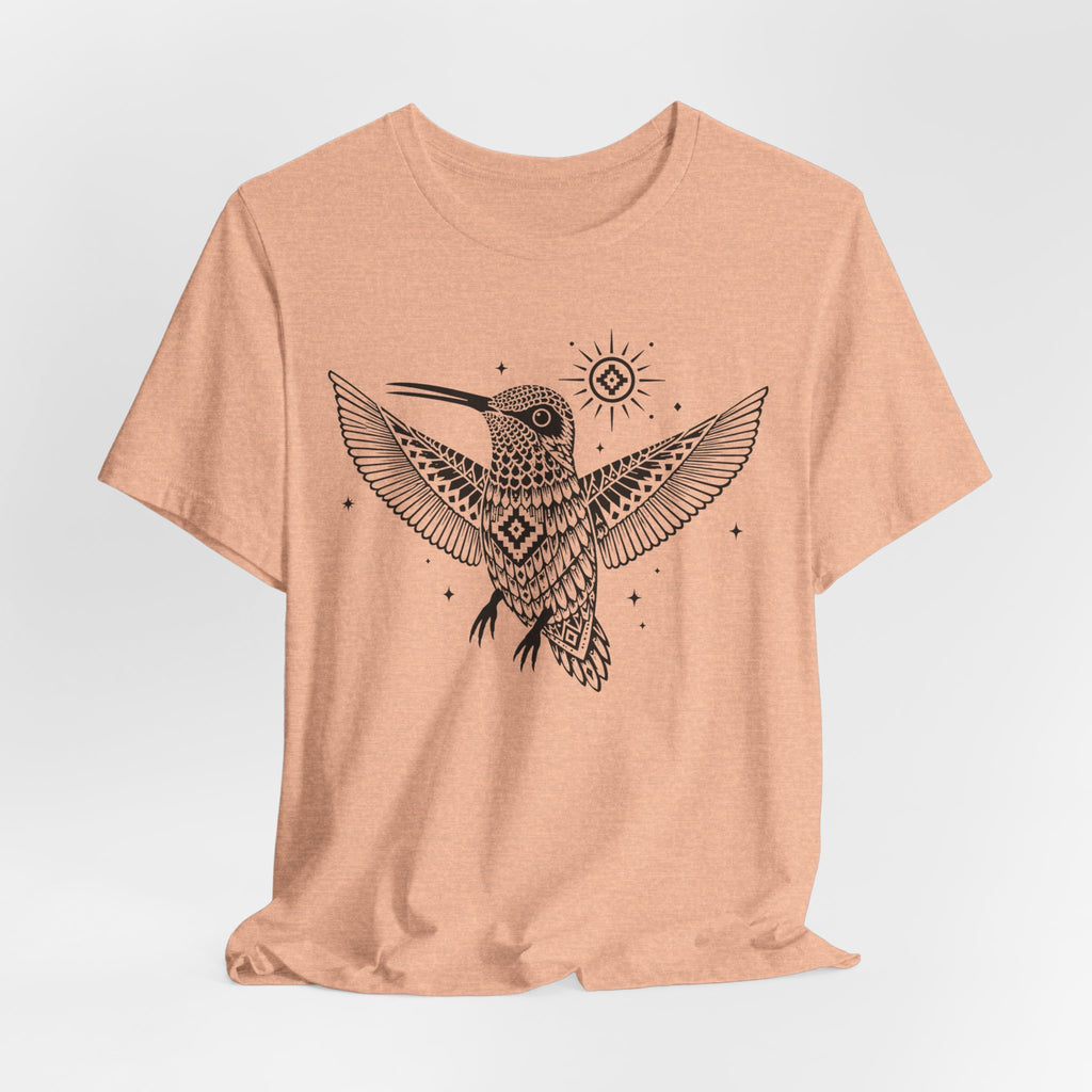 Southwest Geometric Hummingbird Mandala Tee in Heather Peach - boho hummingbird mandala shirt, Barely Outdoorsy Bella Canvas 3001