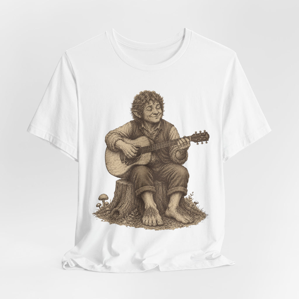 Halfling Guitar T-Shirt in Dark Grey Heather - vintage engraving halfling bard barefoot guitar mushroom graphic tee, Barely Outdoorsy Bella Canvas 3001