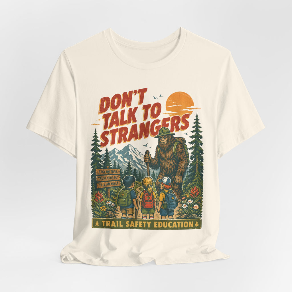 Don't Talk to Strangers Bigfoot T-Shirt in Black worn shot - funny Sasquatch introvert tee, Barely Outdoorsy Bella Canvas