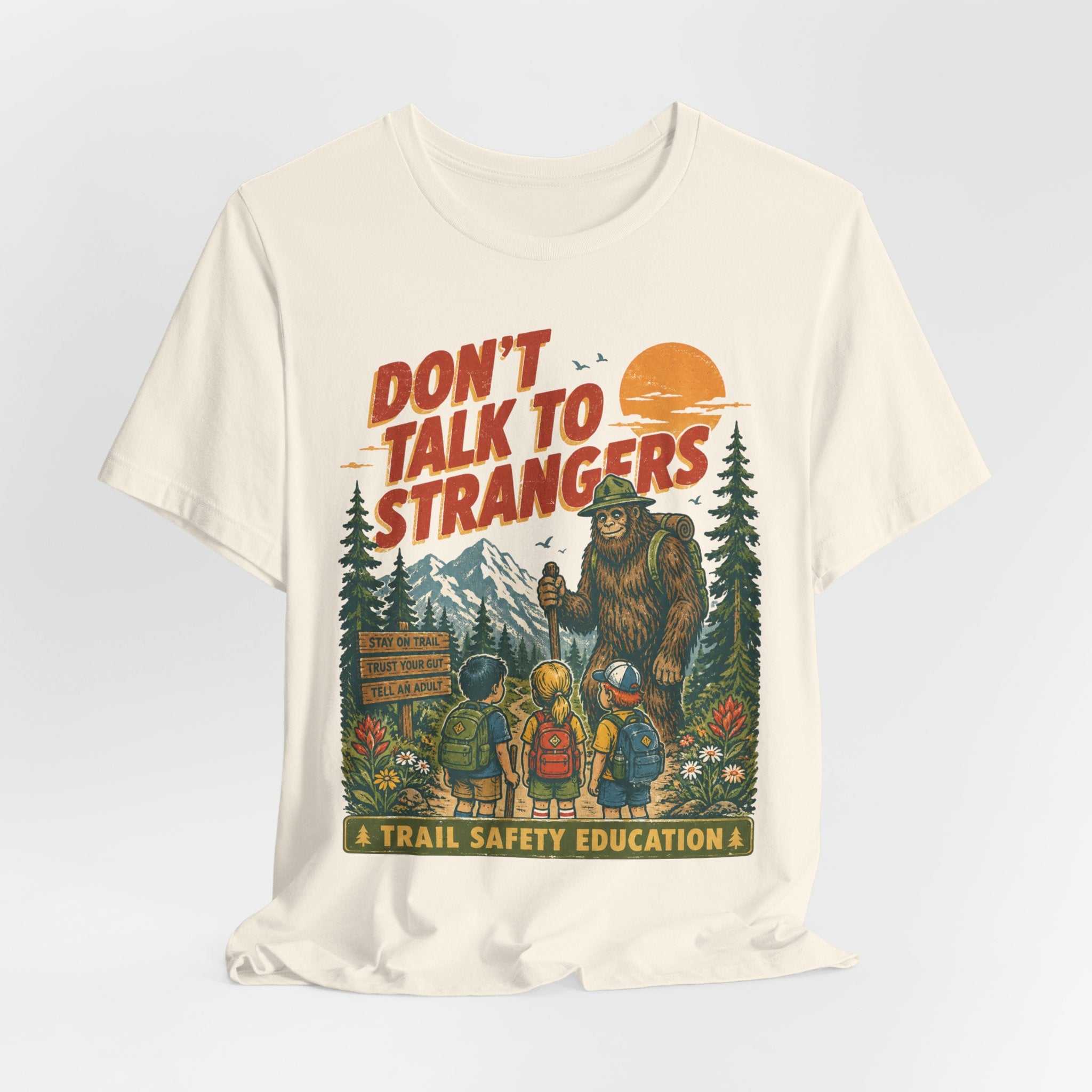 Don't Talk to Strangers Bigfoot T-Shirt in Black worn shot - funny Sasquatch introvert tee, Barely Outdoorsy Bella Canvas