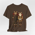 Cat Backpacker Buddies Tee flat lay Heather Brown - unisex crew neck cat hiking graphic tee, Barely Outdoorsy