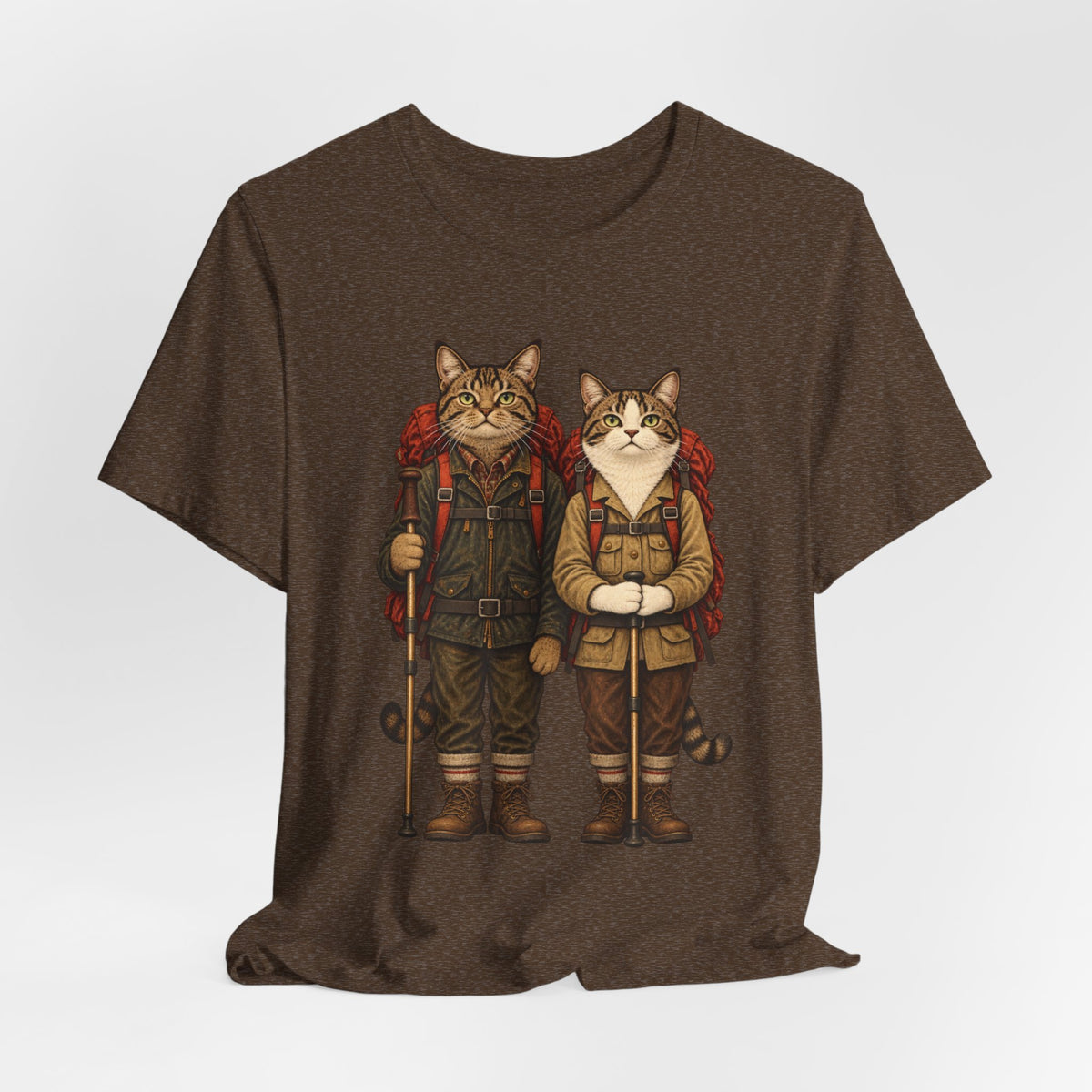 Cat Backpacker Buddies Tee flat lay Heather Brown - unisex crew neck cat hiking graphic tee, Barely Outdoorsy