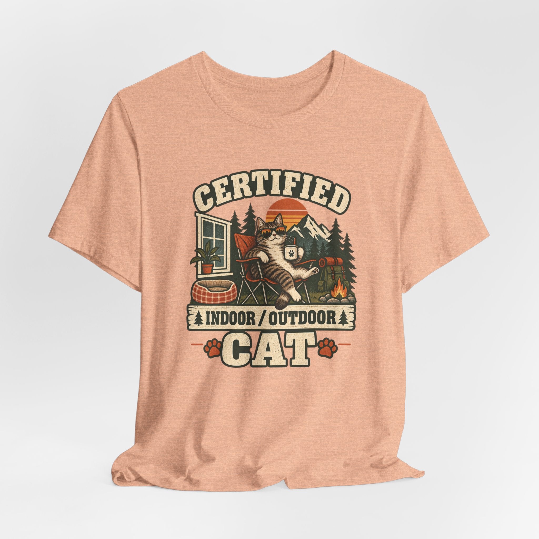 Certified Indoor Outdoor Cat Tee in Heather Peach - funny cat outdoor humor shirt, Barely Outdoorsy Bella Canvas 3001