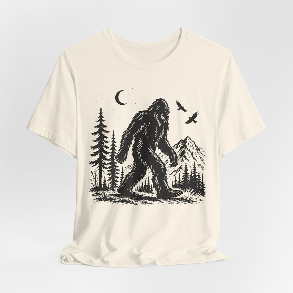 Bigfoot Night Forest Mountain T-Shirt in White - moonlit Sasquatch pine mountain graphic tee, Barely Outdoorsy Bella Canvas