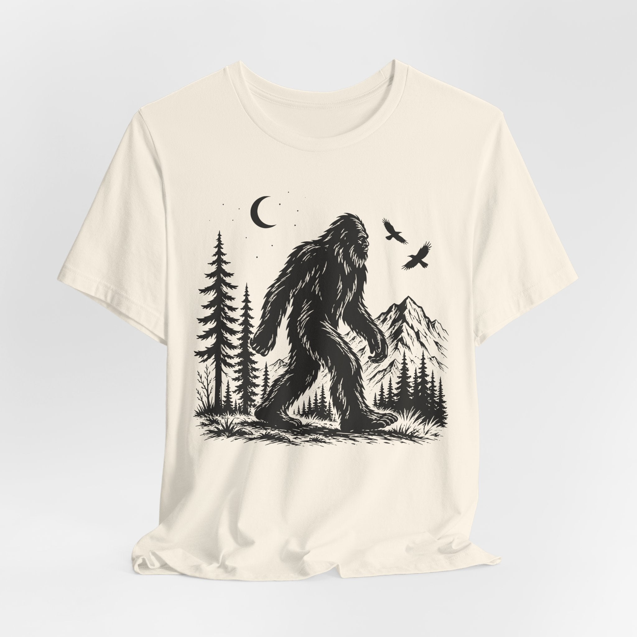 Bigfoot Night Forest Mountain T-Shirt in White - moonlit Sasquatch pine mountain graphic tee, Barely Outdoorsy Bella Canvas