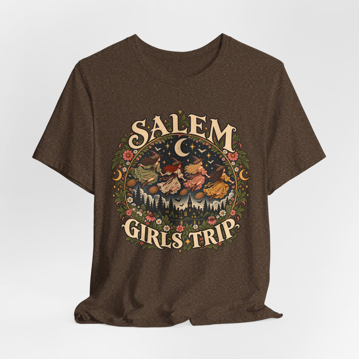 Salem Girls Trip Witch T-Shirt in Heather Maroon - funny Salem coven Halloween graphic tee, Barely Outdoorsy