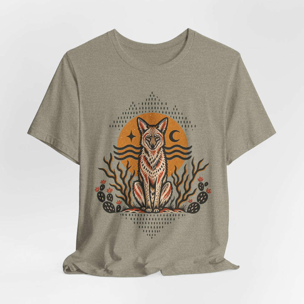 Desert Coyote Southwest T-Shirt in Dark Grey Heather - Southwest desert coyote wildlife graphic tee, Barely Outdoorsy Bella Canvas 3001