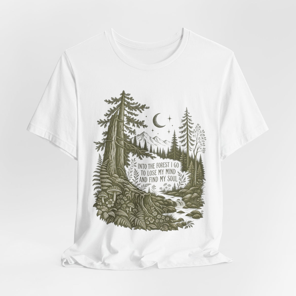 Into the Forest I Go T-Shirt in Athletic Heather - John Muir forest quote hiking graphic tee, Barely Outdoorsy Bella Canvas 3001