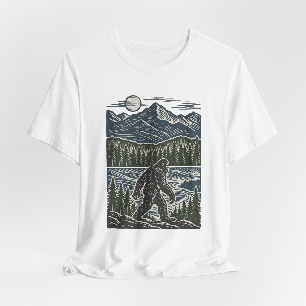 Bigfoot Mountain River T-Shirt in Maroon - Bigfoot mountain river nature graphic tee, Barely Outdoorsy Bella Canvas