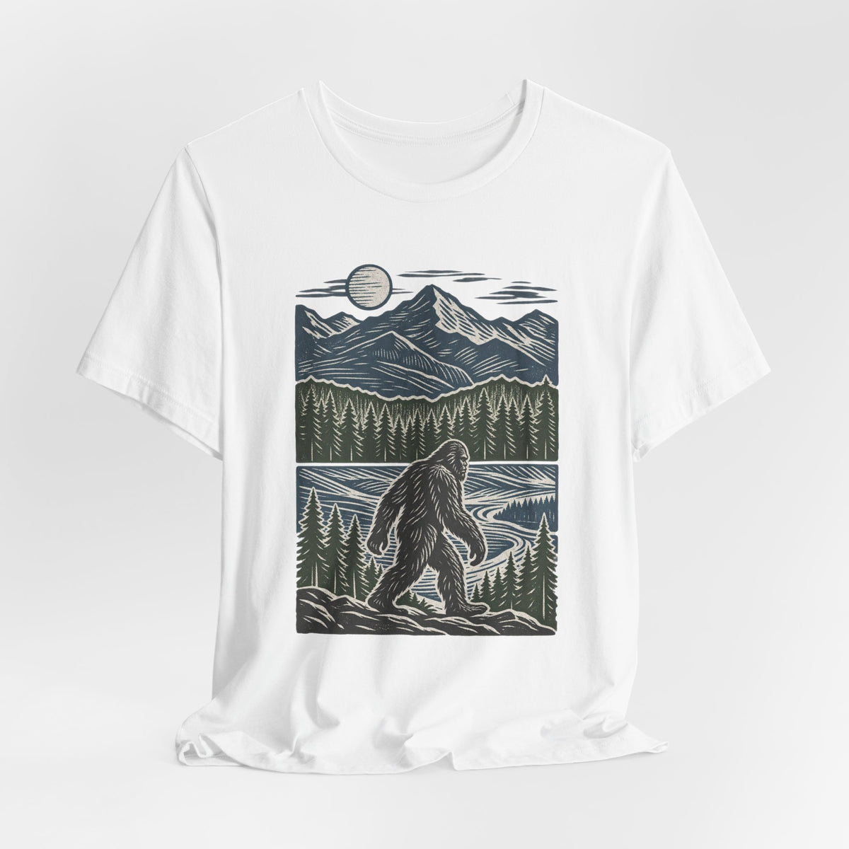 Bigfoot Mountain River T-Shirt in Maroon - Bigfoot mountain river nature graphic tee, Barely Outdoorsy Bella Canvas