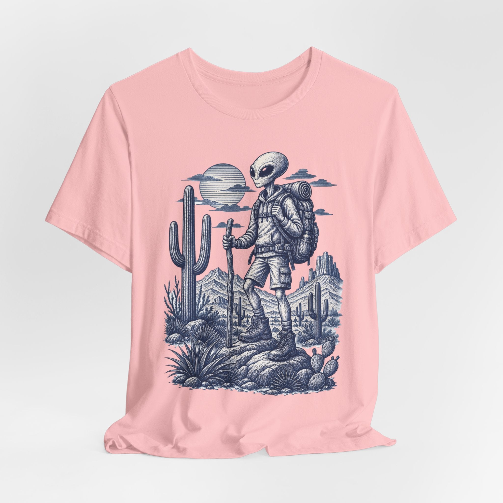 Alien Hiker Desert Backpacking T-Shirt flat lay Athletic Heather - unisex crew neck alien hiker graphic tee, Barely Outdoorsy