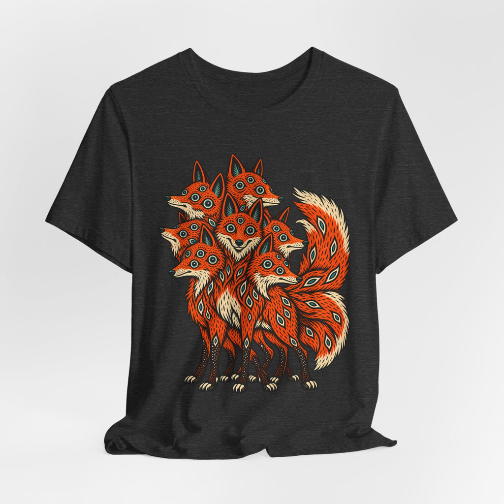 Many-Headed Folk Art Fox T-Shirt in Black Heather - folk art mythic many-headed fox wildlife graphic tee, Barely Outdoorsy