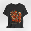 Many-Headed Folk Art Fox T-Shirt in Black Heather - folk art mythic many-headed fox wildlife graphic tee, Barely Outdoorsy