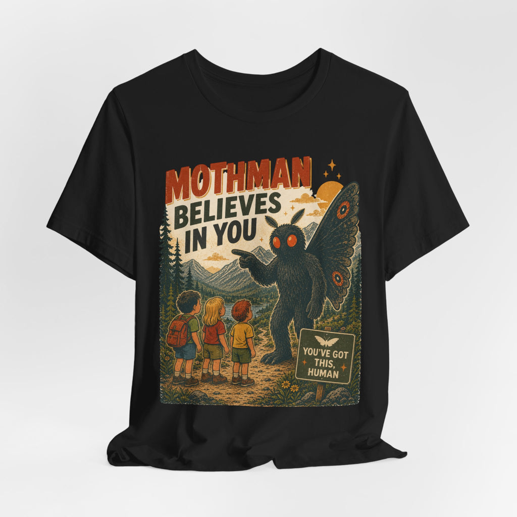 Mothman Believes In You T-Shirt in Navy - funny Mothman encouragement graphic tee, Barely Outdoorsy