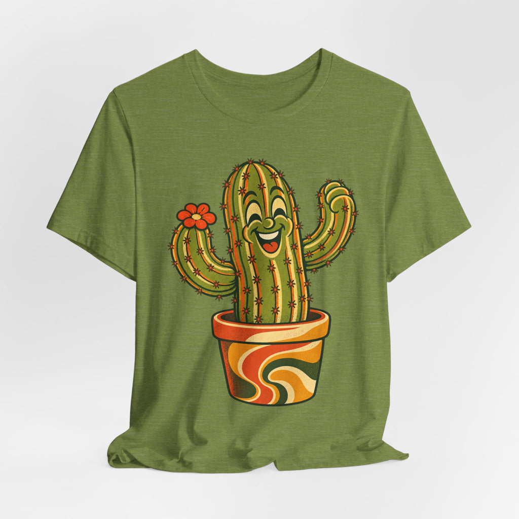 Happy Cactus Retro 70s T-Shirt in Heather Dusty Blue - retro 70s cartoon happy cactus plant graphic tee, Barely Outdoorsy