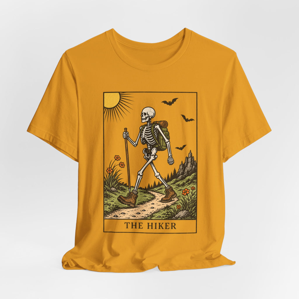 The Hiker Tarot Card Tee flat lay Athletic Heather - unisex crew neck skeleton hiking graphic tee, Barely Outdoorsy