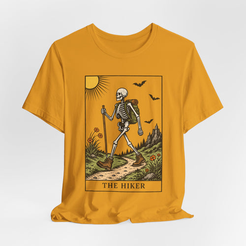 The Hiker Tarot Card Tee flat lay Athletic Heather - unisex crew neck skeleton hiking graphic tee, Barely Outdoorsy