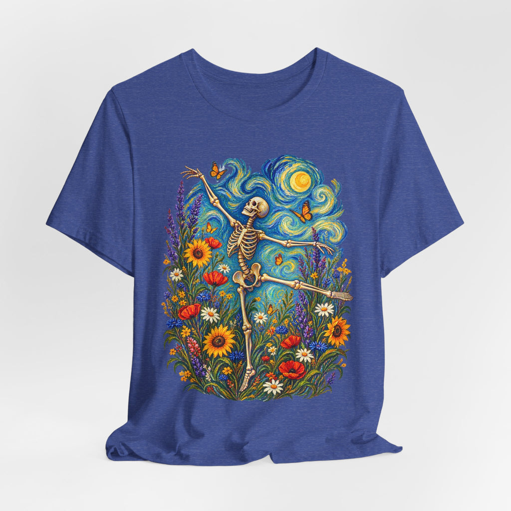 Starry Night Dancing Skeleton Tee in Heather Prism Lilac - boho skeleton starry night wildflower shirt, Barely Outdoorsy Bella Canvas 3001