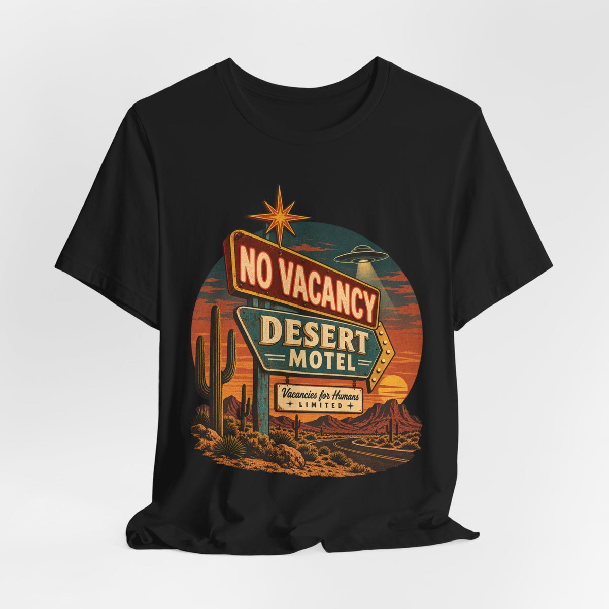 Desert Motel No Vacancy UFO Tee in Ash - retro UFO motel no vacancy shirt, Barely Outdoorsy Bella Canvas