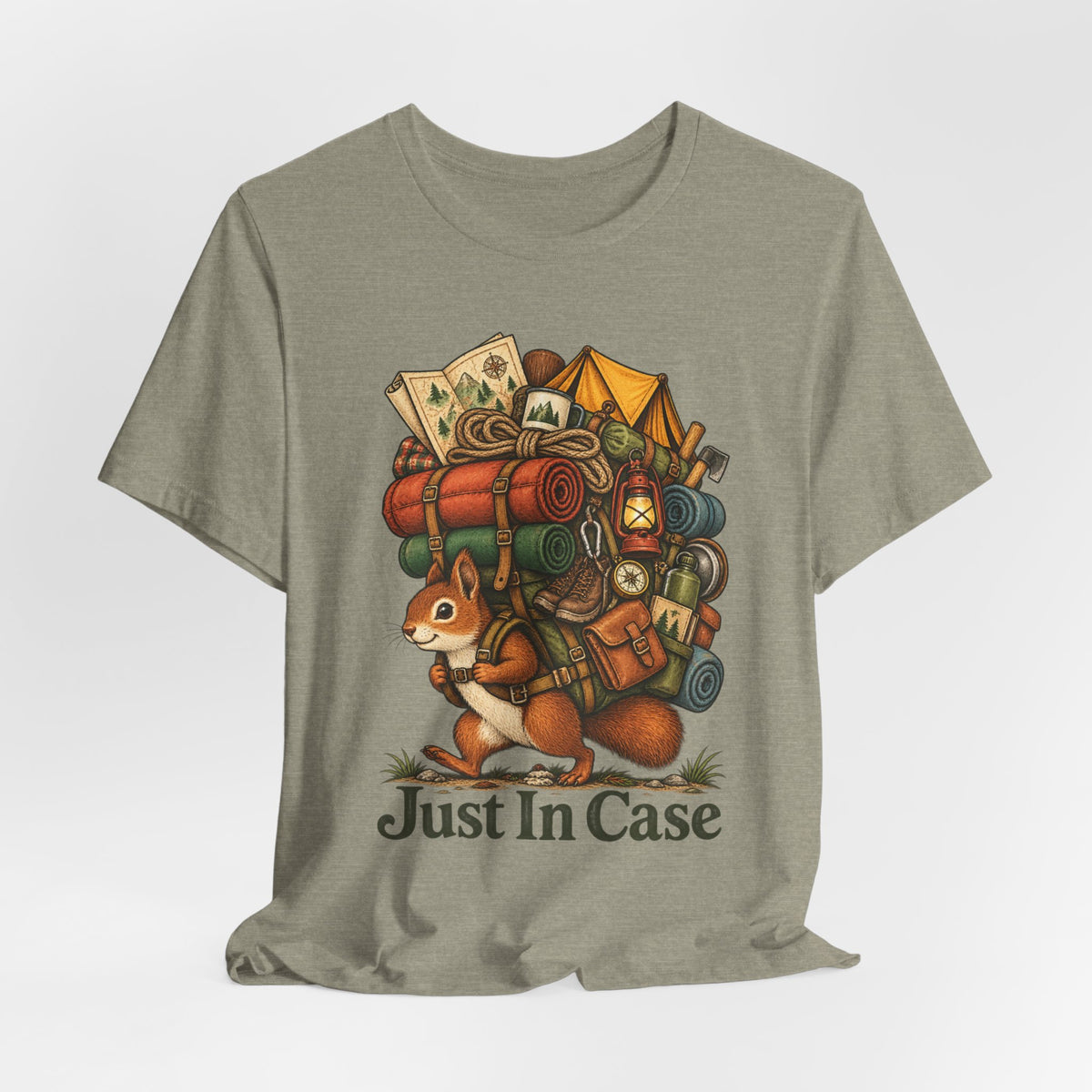 Just In Case Overpacked Squirrel T-Shirt in Sage - funny overpacked squirrel hiking tee, Barely Outdoorsy