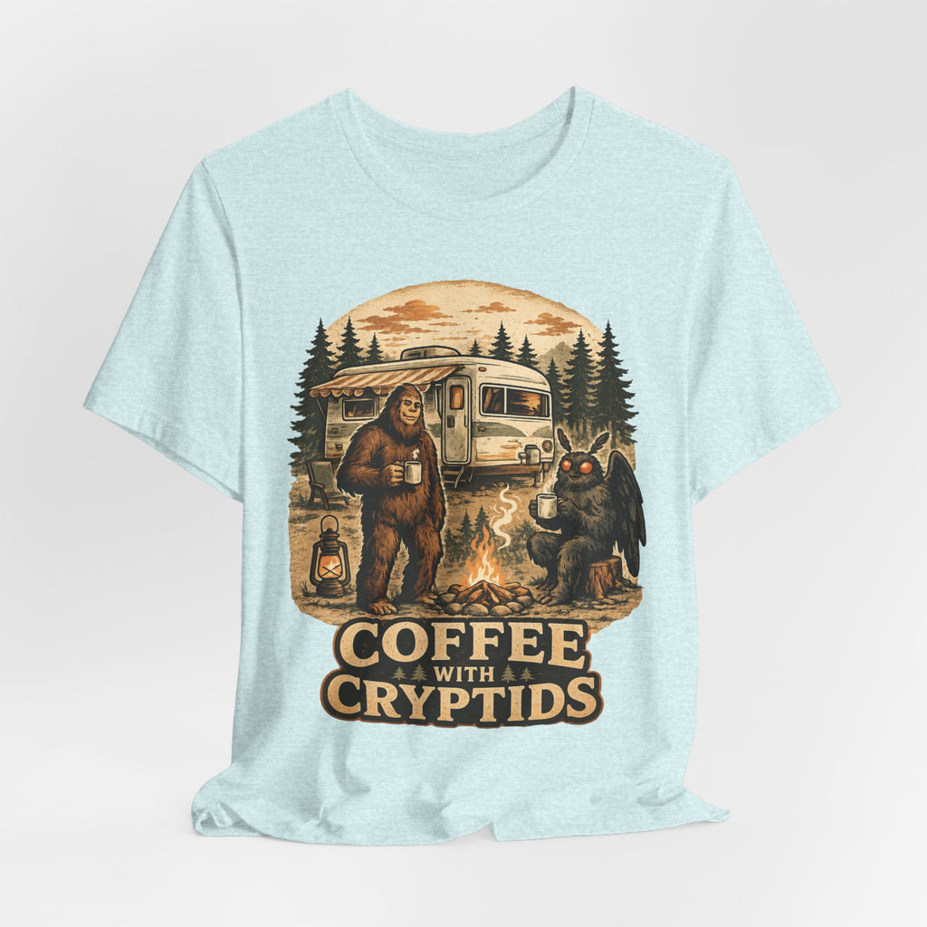 Coffee With Cryptids T-Shirt in Navy detail - cryptid campfire coffee close-up graphic, Barely Outdoorsy